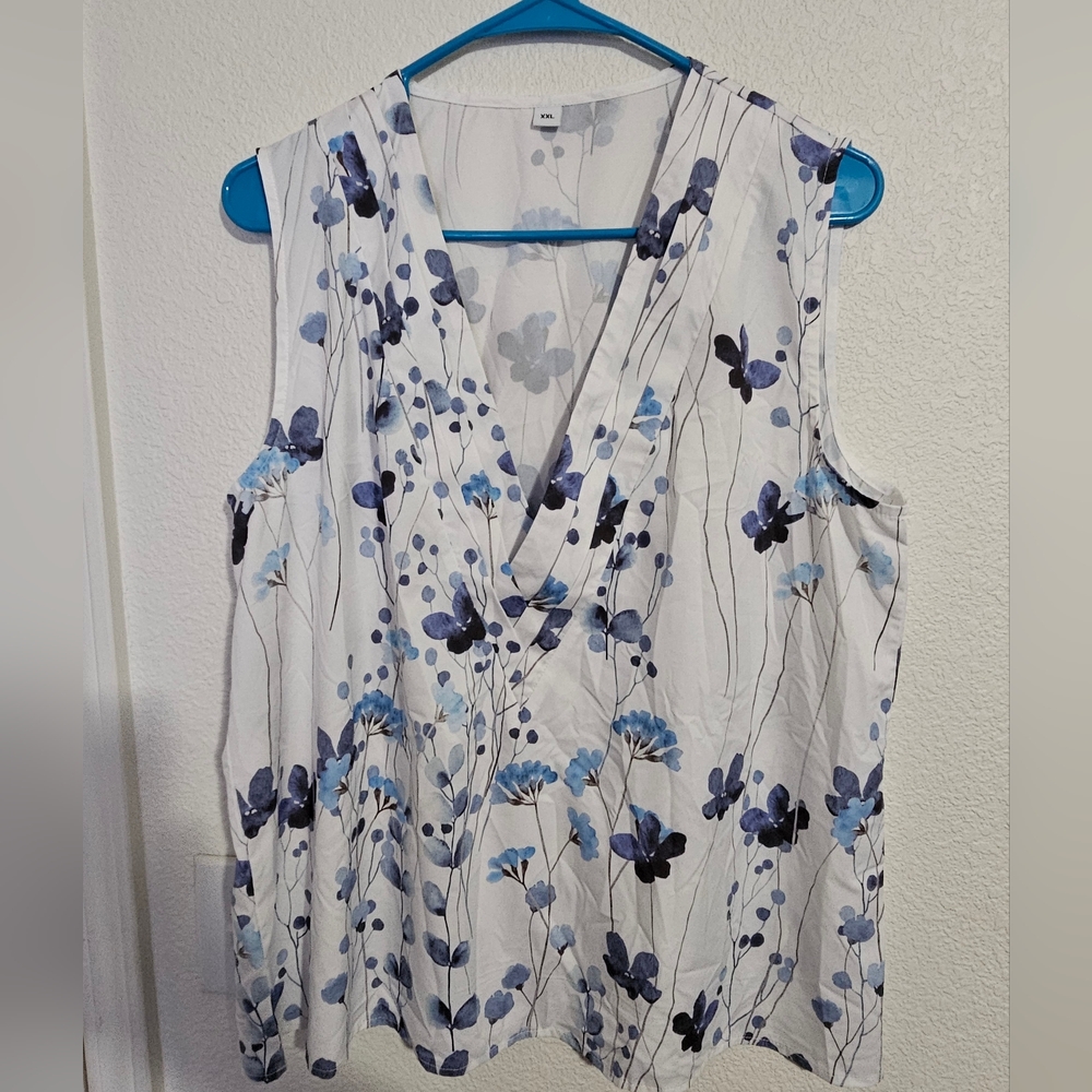 Floral Sleeveless Top - Blue and White